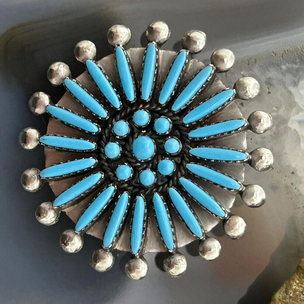 Sibert Bowannie Native American Sterling Silver Needlepoint Turquoise Brooch